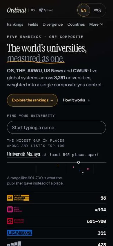 Ordinal home page on a phone, with the same search and placements in one column